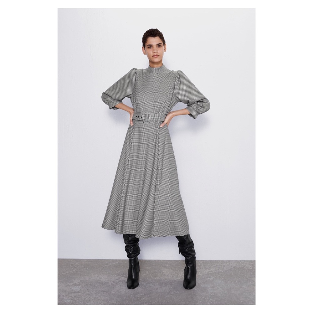 ZARA HOUNDSTOOTH DRESS WITH BELT